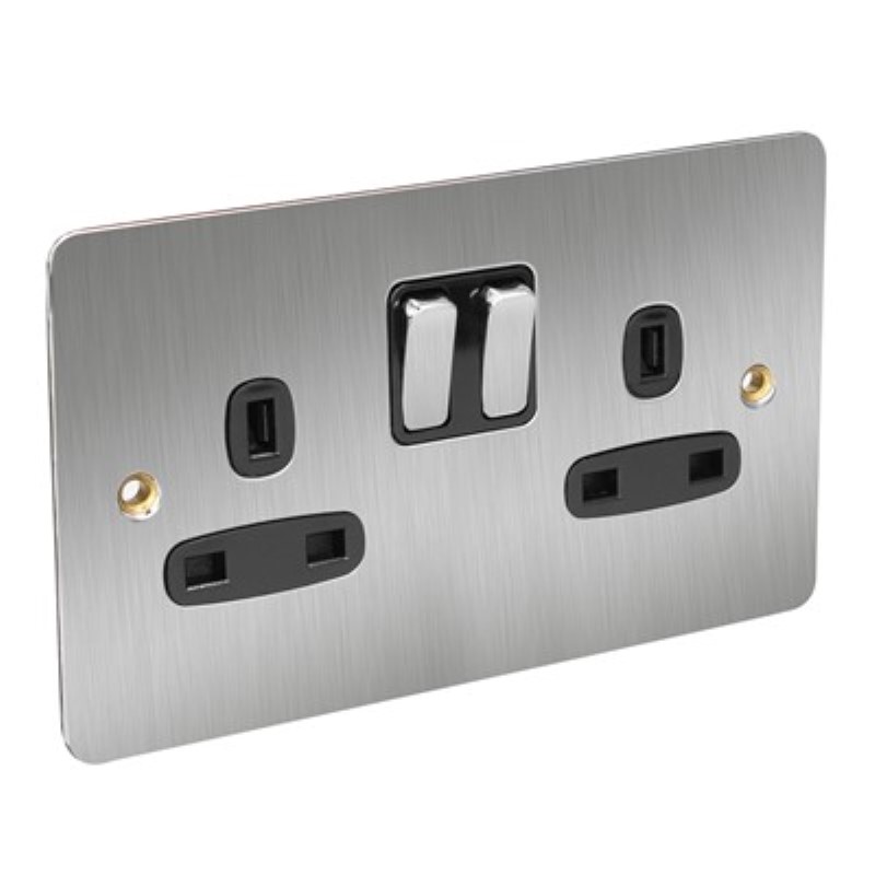 Flat Plate 13Amp 2 Gang Switched Socket Double Pole *Satin Chrom - Click Image to Close